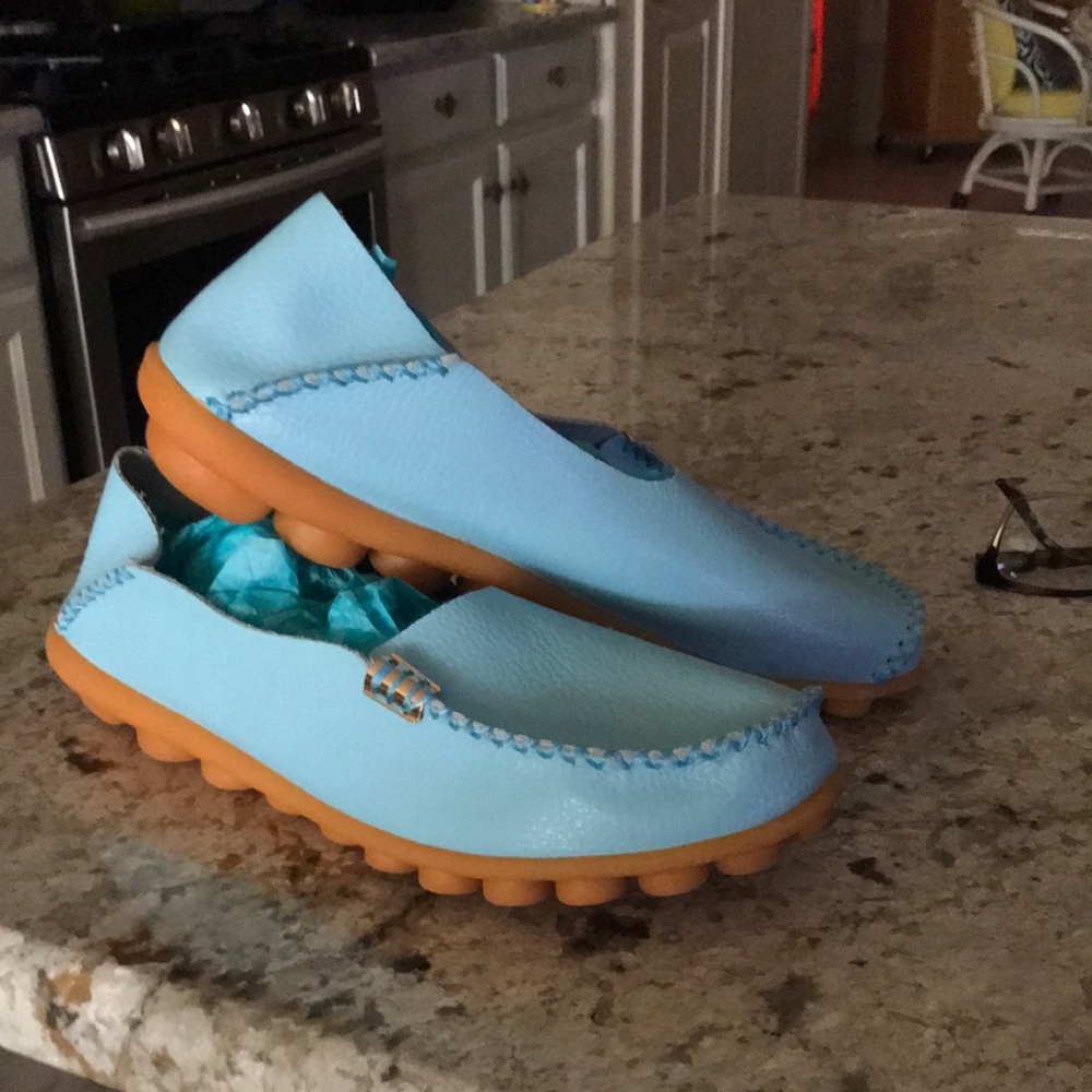 Light Blue Leather Casual Slip-On Shoes with Orange Soles